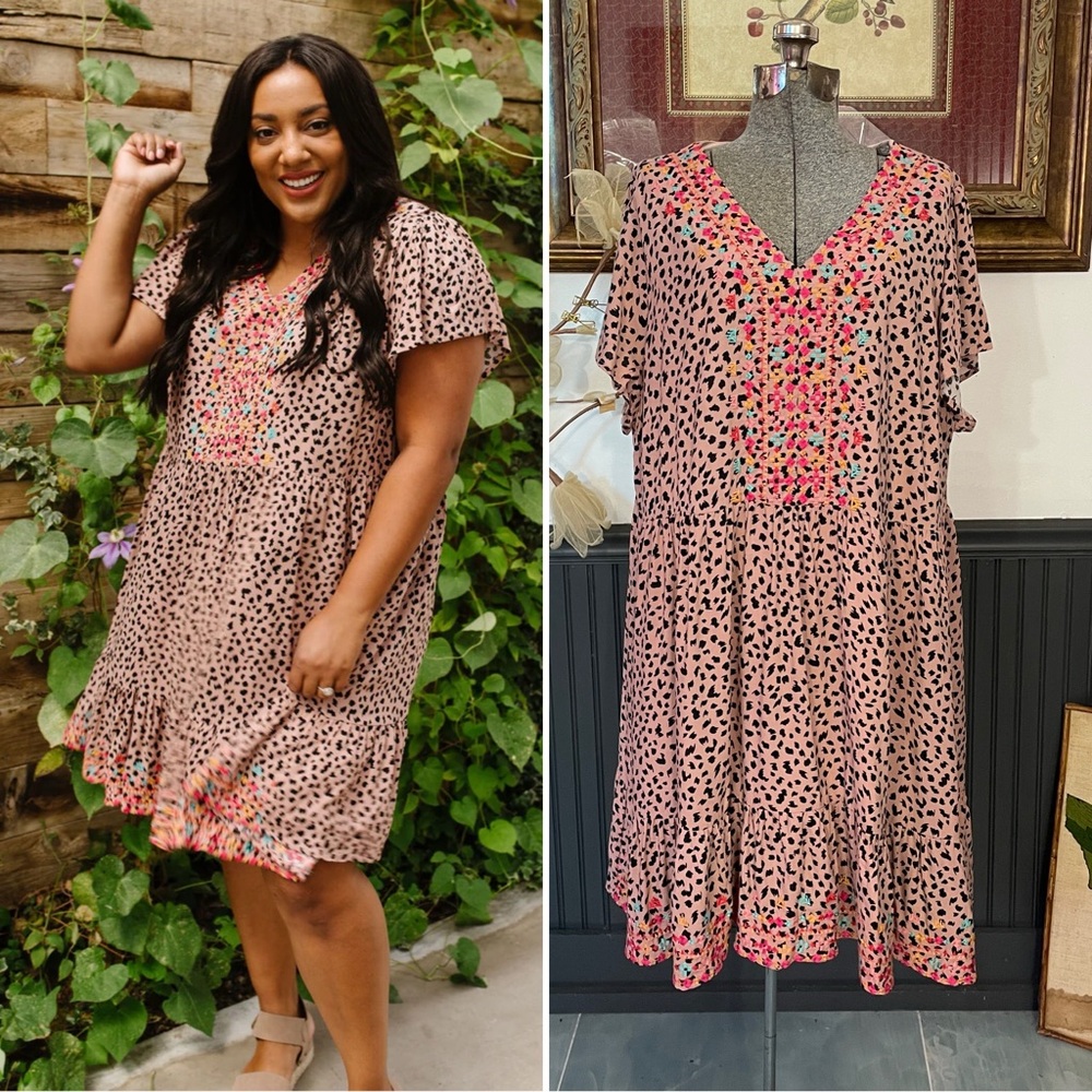 Savanna Jane Leopard Print Spoiled Rotten Flutter Embroidered Dress Sz 2X 💚🎀